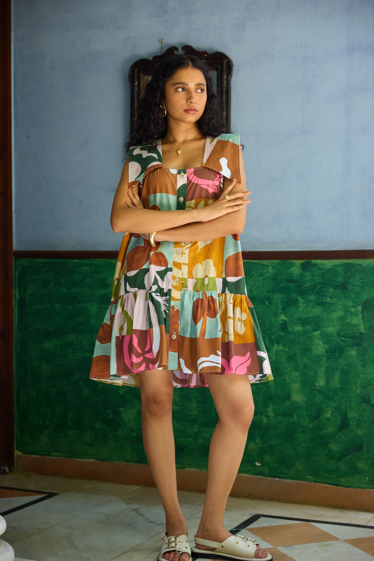 Multicolor Abstract Printed Poplin Tiered Mini Shift Dress