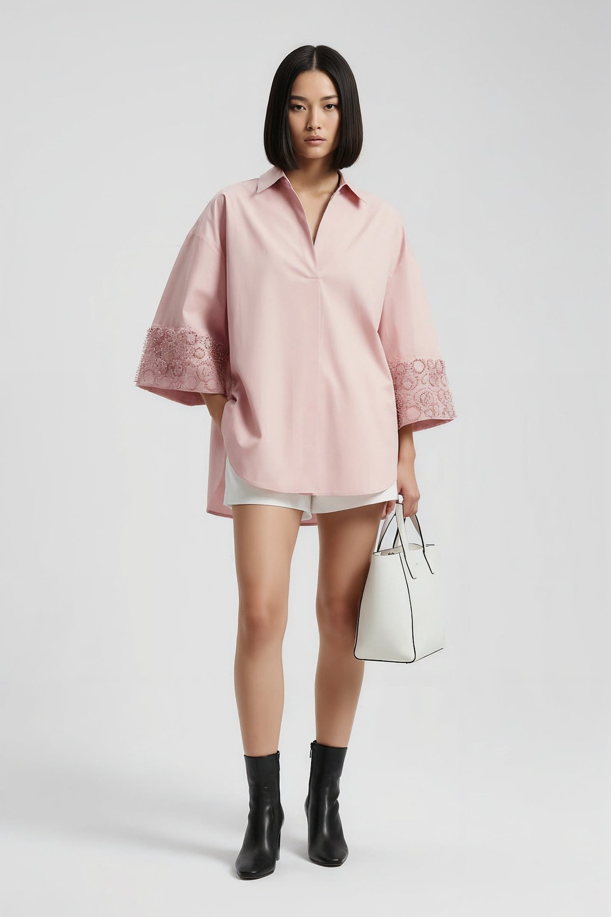 Rose Pink Relaxed Poplin Shirt with Embroidered Cuffs