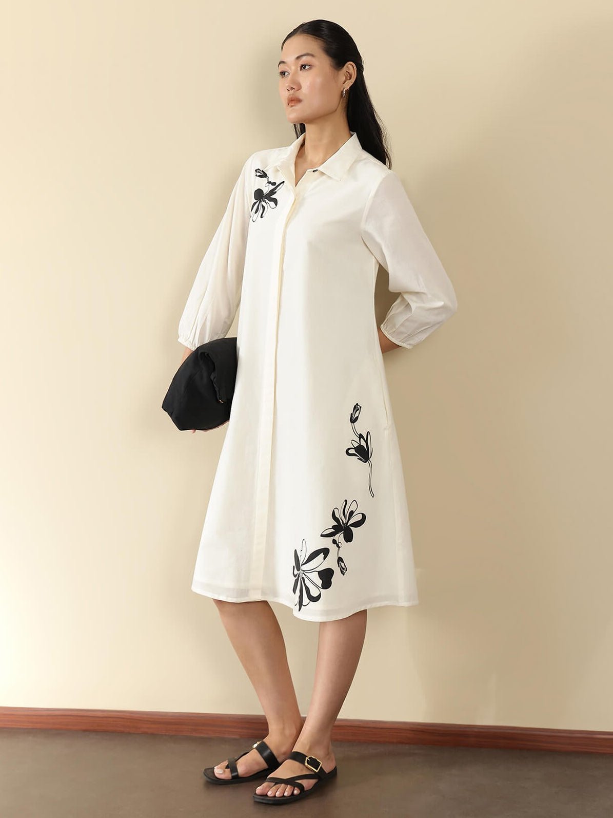 Off-White Cotton Floral Shirt Collar A-Line Dress
