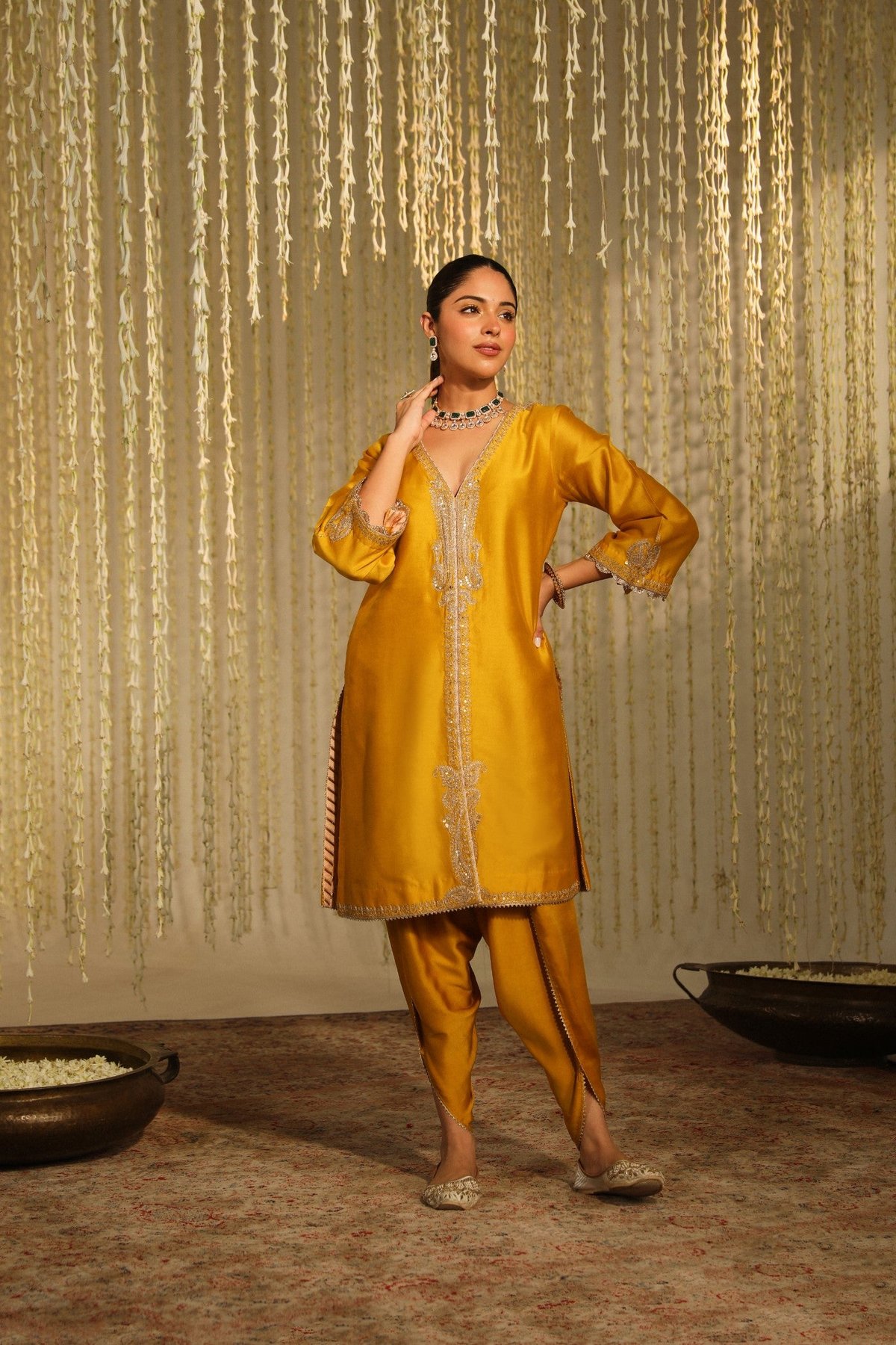 Glaze Mustard Silk Chanderi Kurta Set with Dhoti