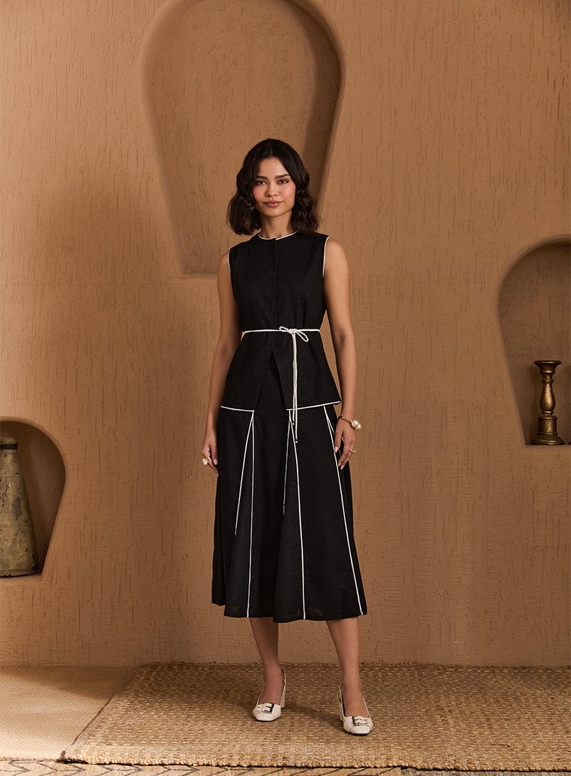 Black Vest and Midi Skirt Co-ord Set with Contrast Piping
