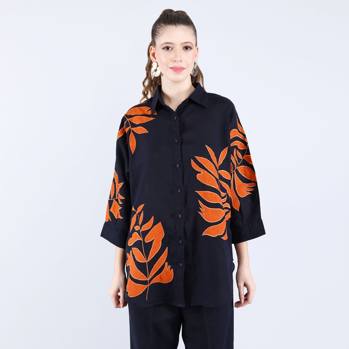 Navy and Orange Linen Shirt and Pants Co-ord Set