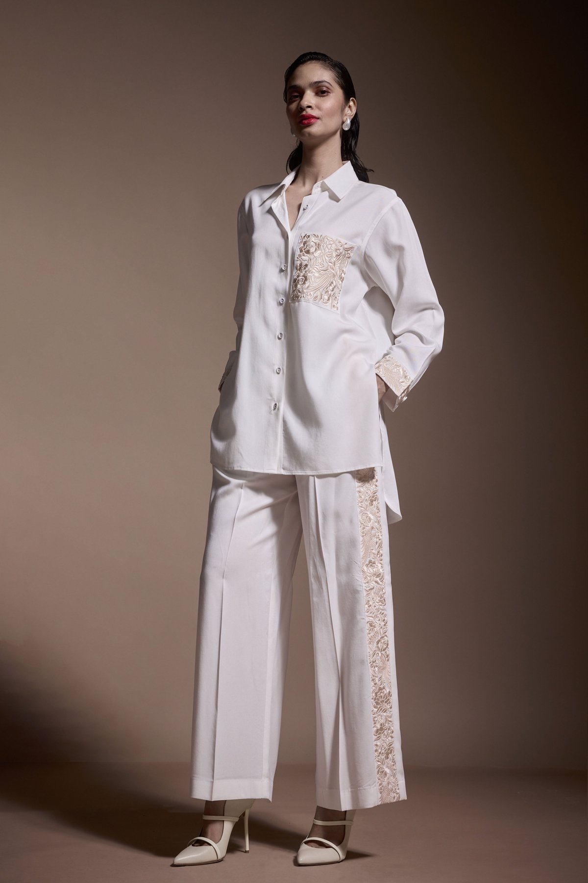 Ivory Wide-Leg Tencel Pants with Embroidered Side Panels