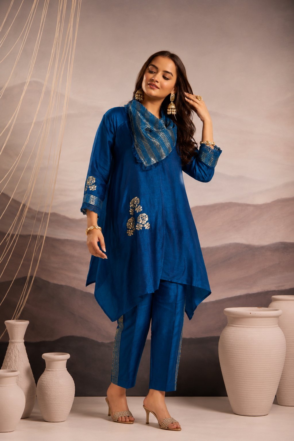 Anti-Fit Asymmetric Silk Tunic with Flower Motif Sequin Embroidery & Cowl Collar