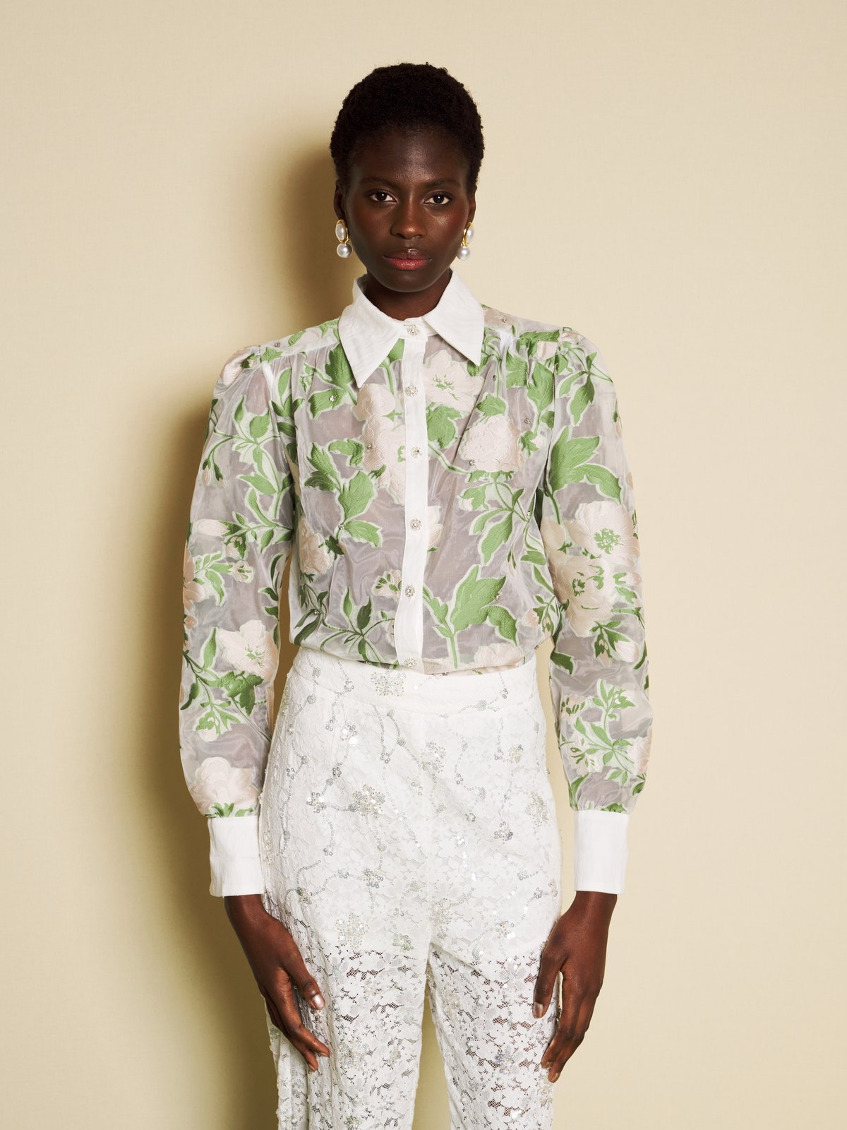 Green Floral Organza Jacquard Blouse with Gem Buttons