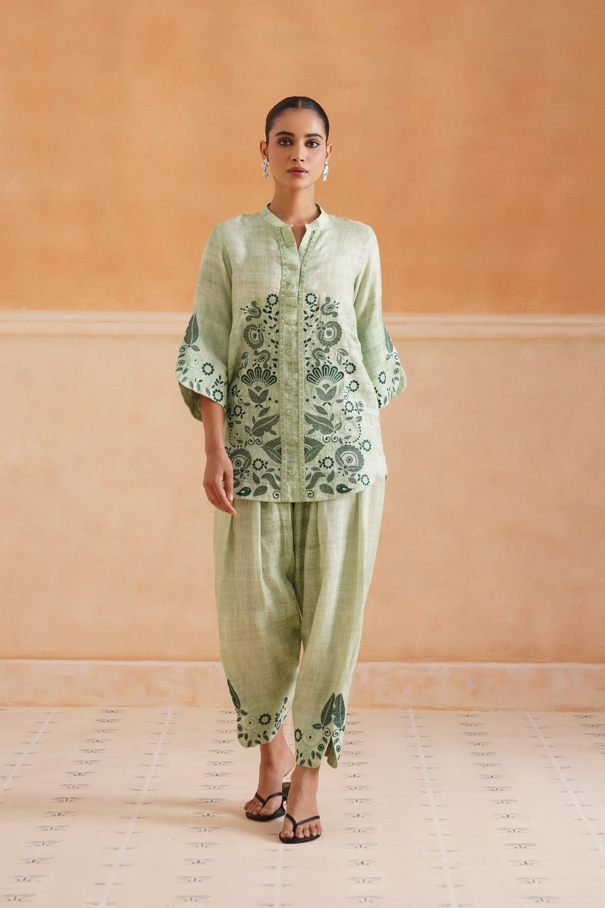 Mint Green Linen Embroidered Kurta Co-ord Set