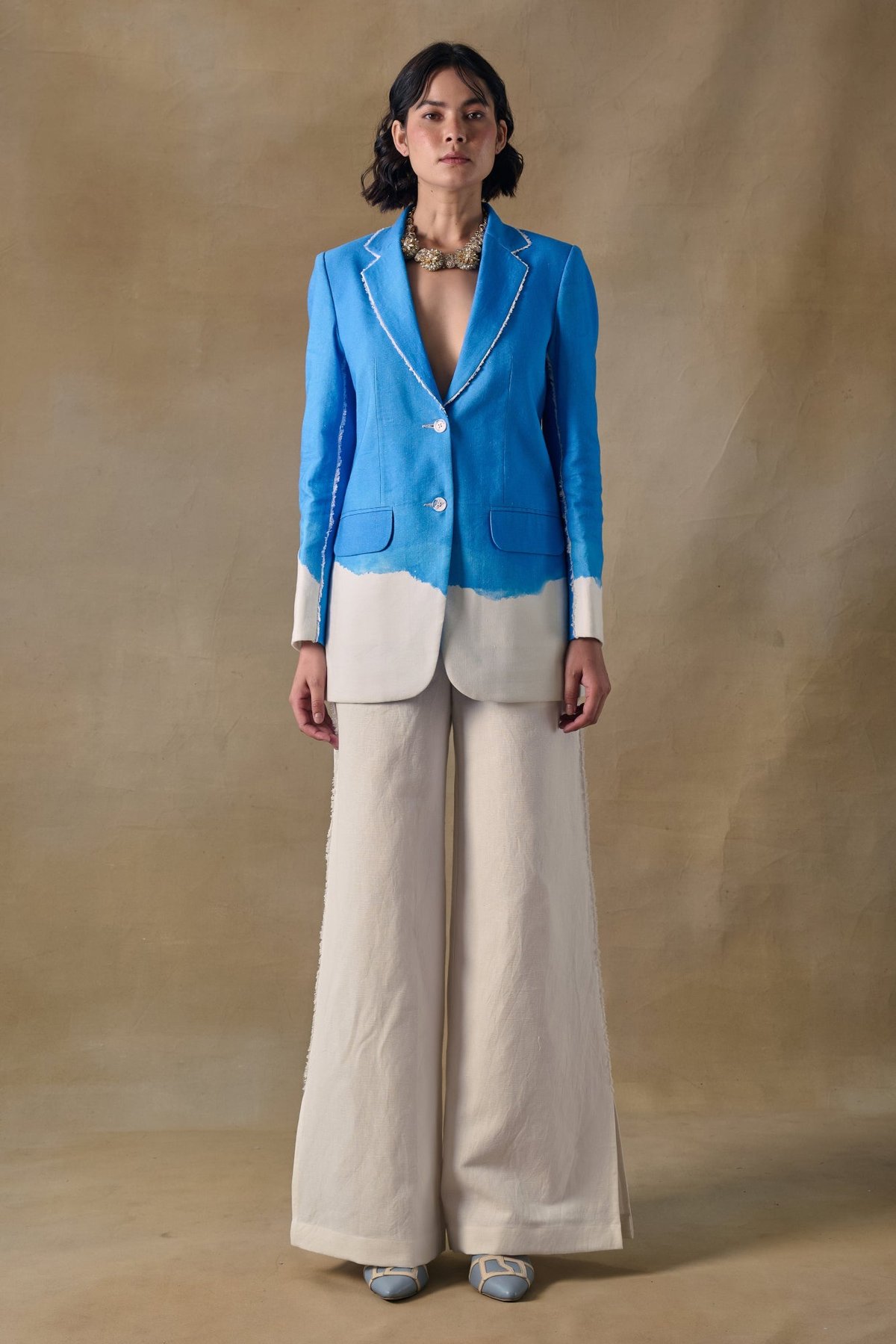 Blue Wash Colorblock Blazer and Trouser Co-ord Set