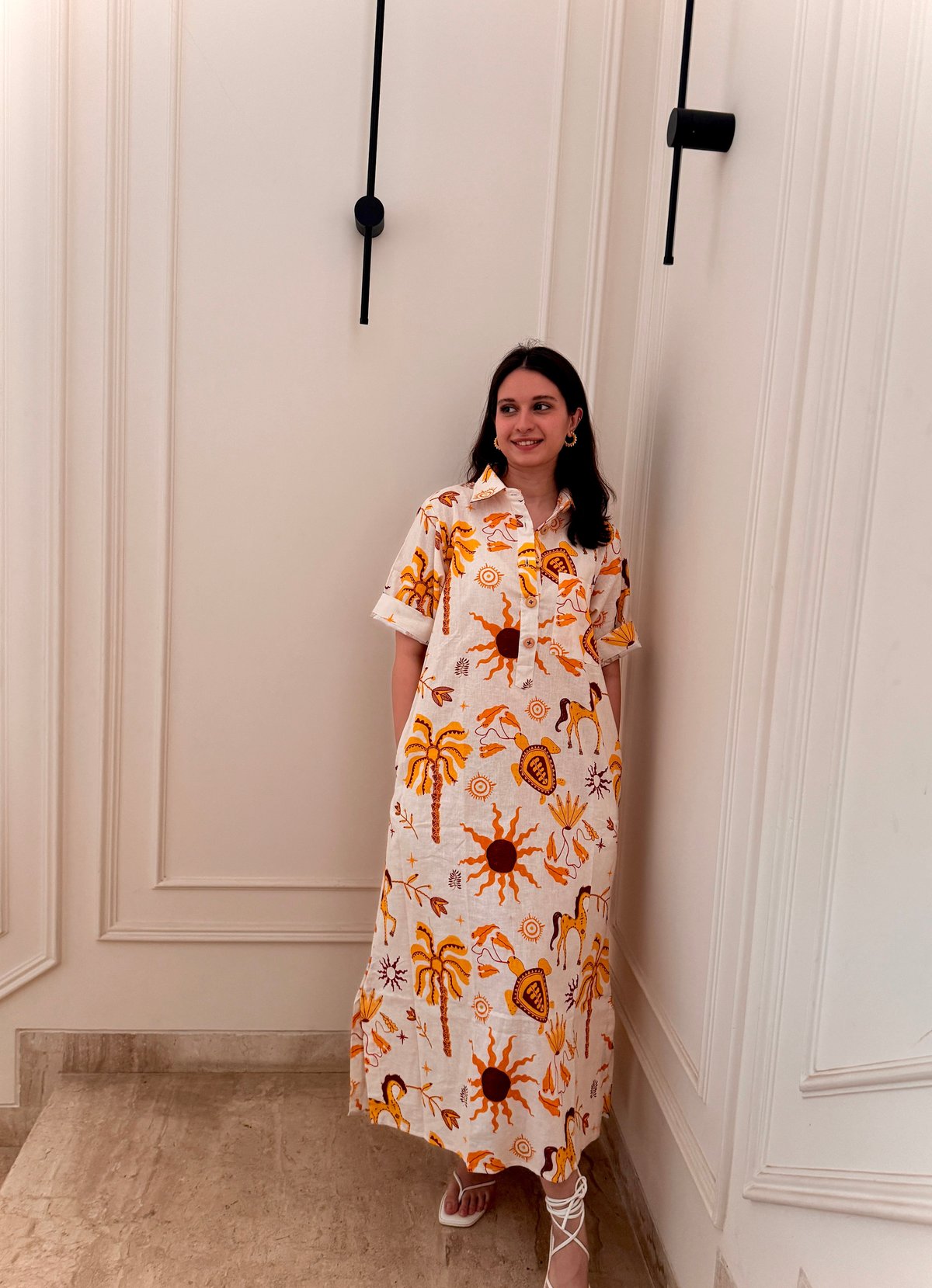 White/Yellow Graphic Print Kaftan Maxi Dress