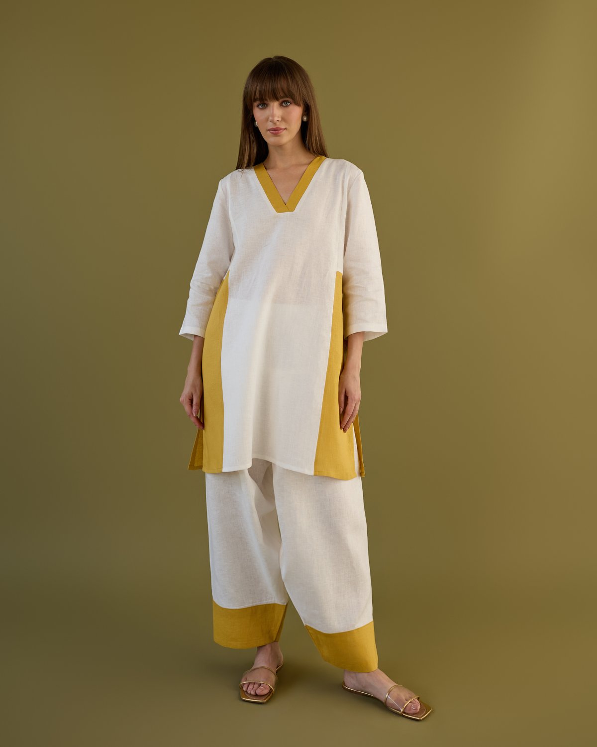 White and Ochre Linen Tunic and Farshi Pants Co-ord Set
