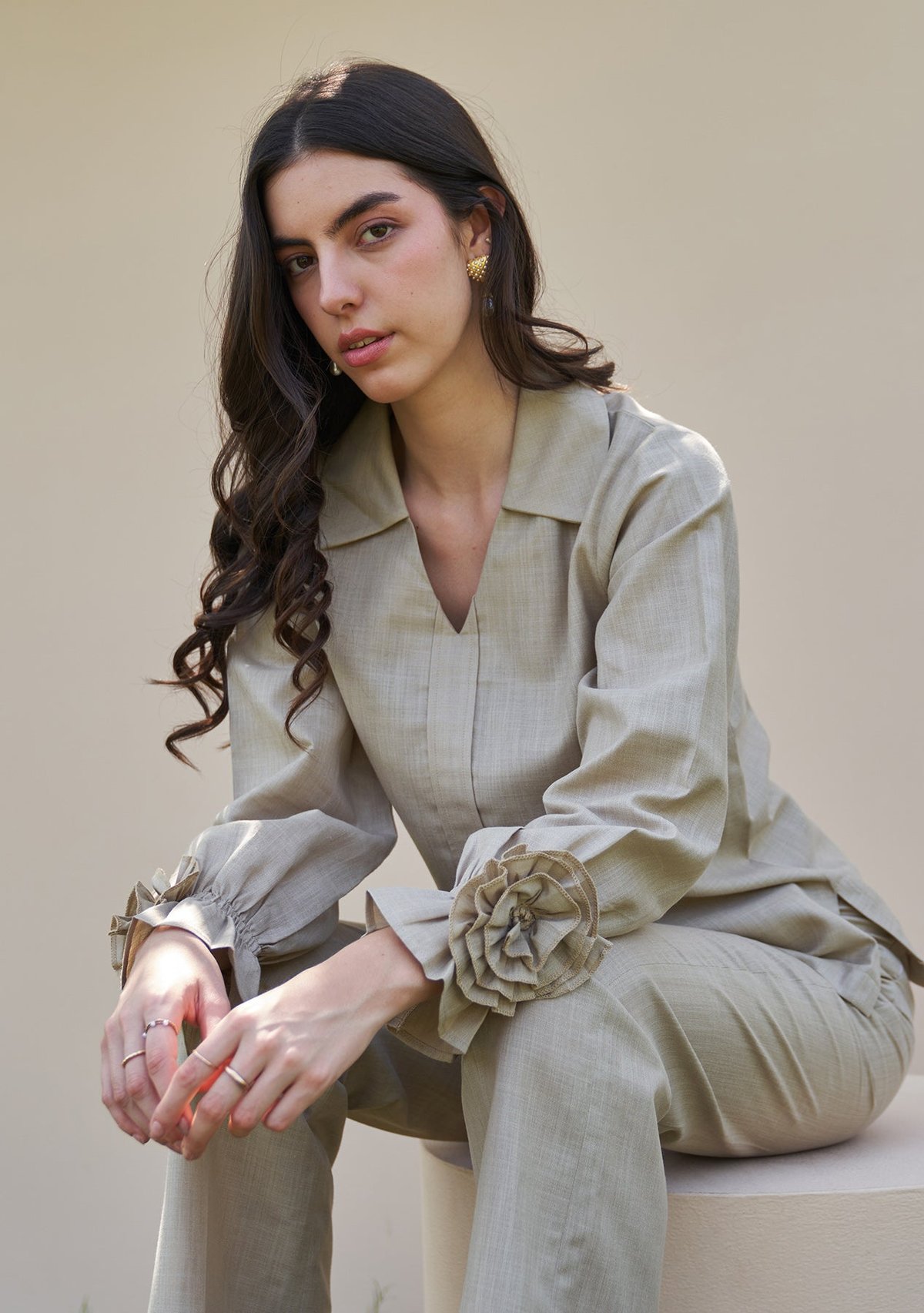 Beige Collared V-Neck Relaxed Fit Top with 3D Cuffs