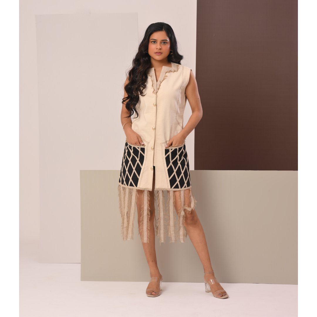 Beige and Black Fringe Hem Jacket Dress