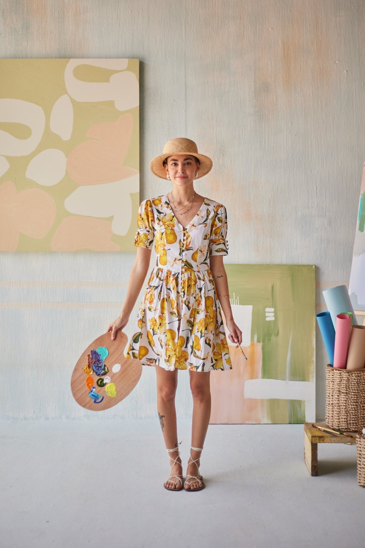 Multicolor Pear Print Cotton Poplin Mini Dress