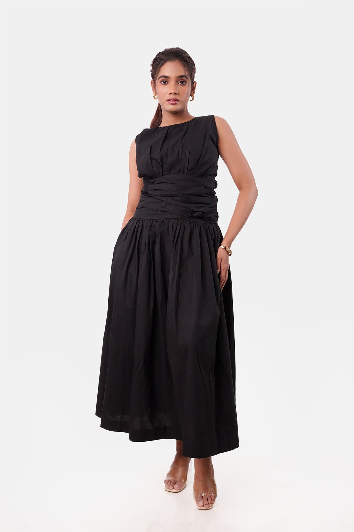Black Cotton Knotted Waist Midi Dress