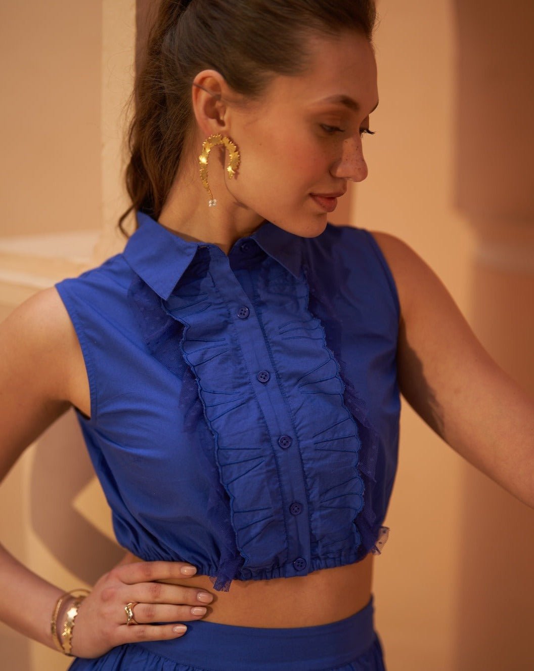 Indigo Blue Collared Button-Front Ruffle Crop Top