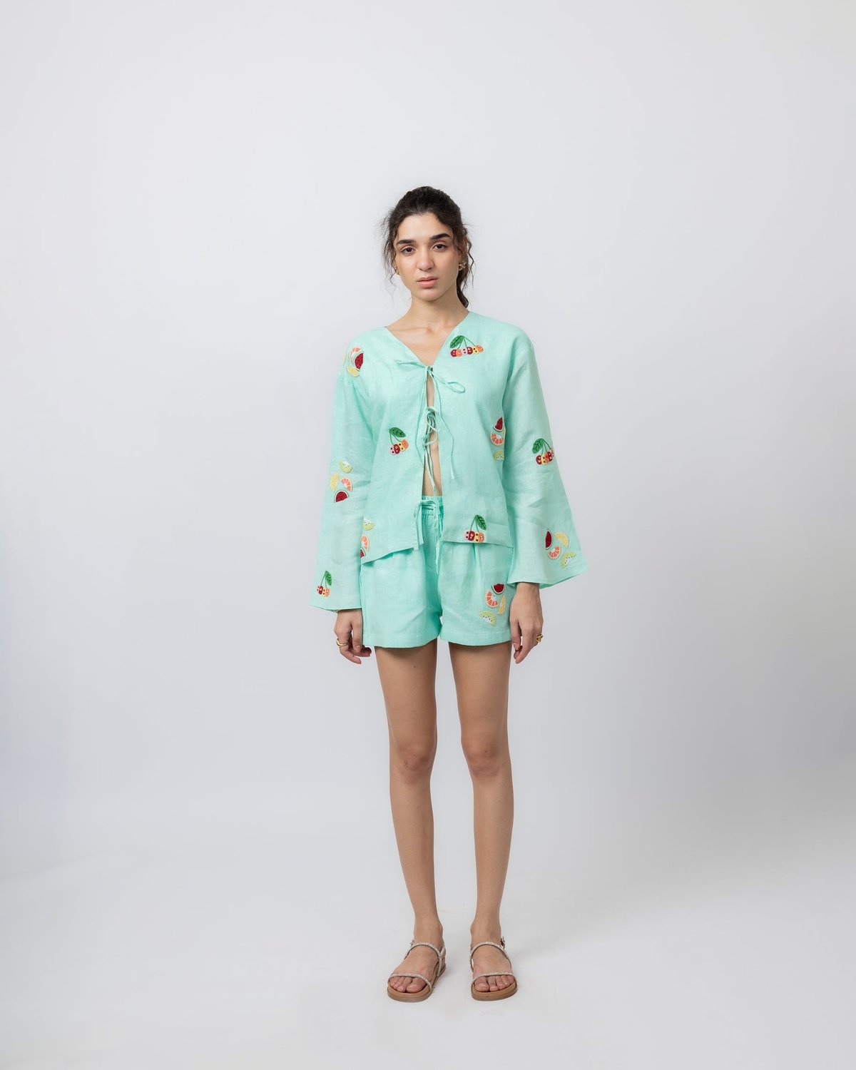 Aquamarine Linen High-Waist Drawstring Shorts