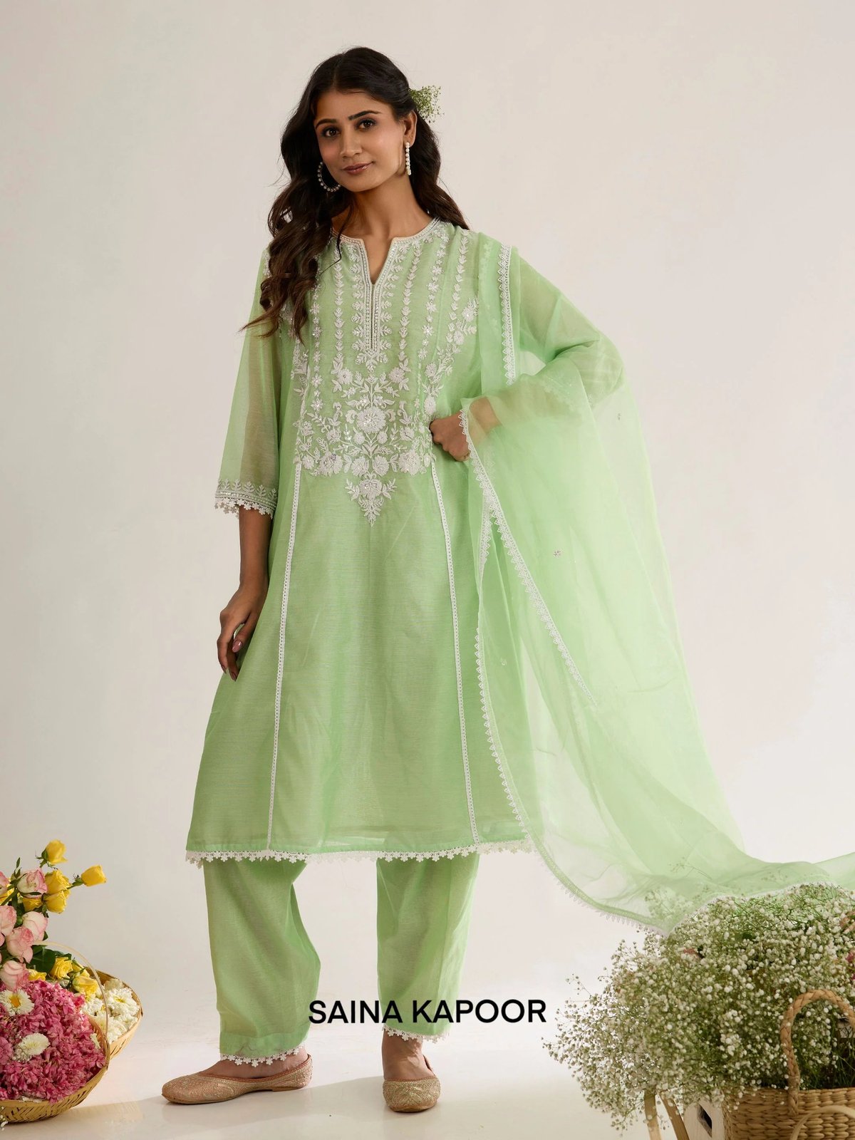 Mint Green Chanderi Aari Embroidered Kurta Set