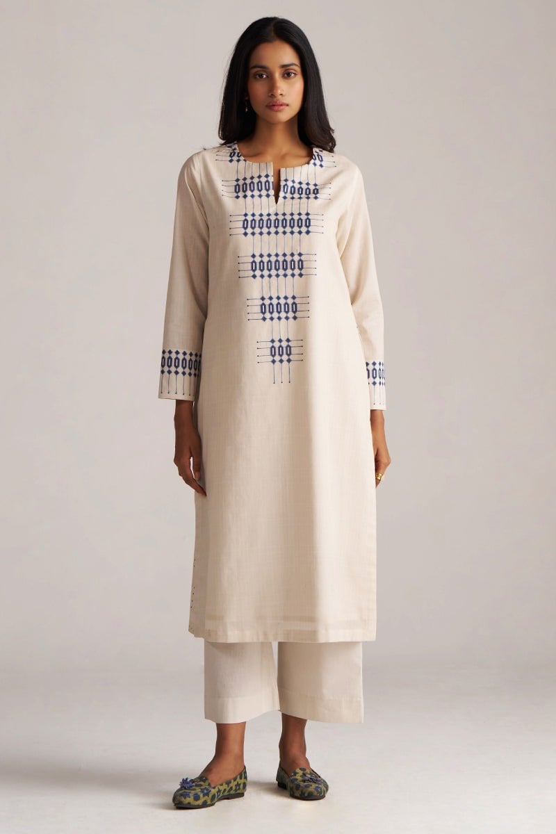 Beige and Blue Geometric Print Kurta Pant Co-ord Set