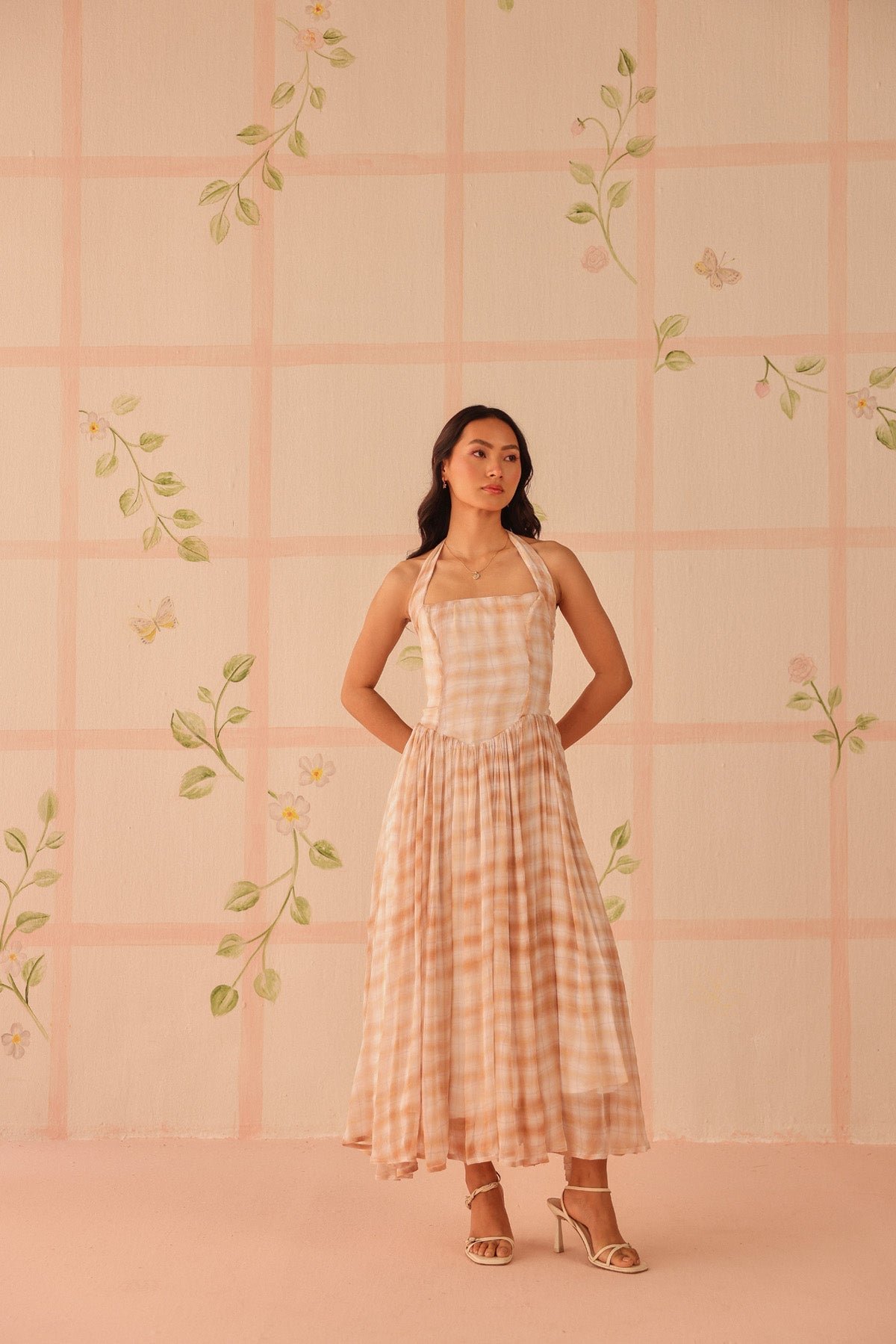 Peach and White Checked Halter Maxi Dress
