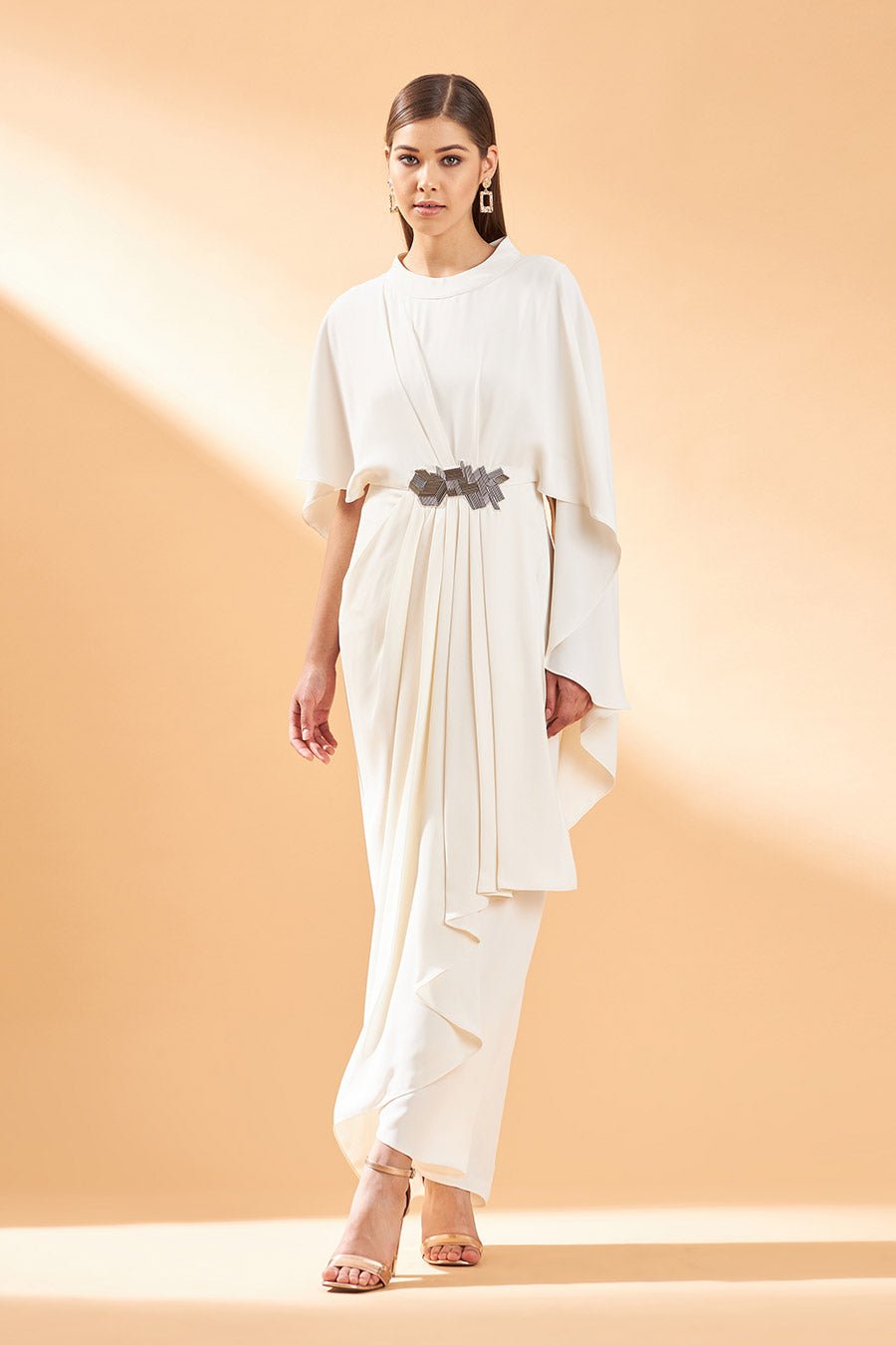 Cream Pleated Drape Maxi Dress with Cape Sleeves