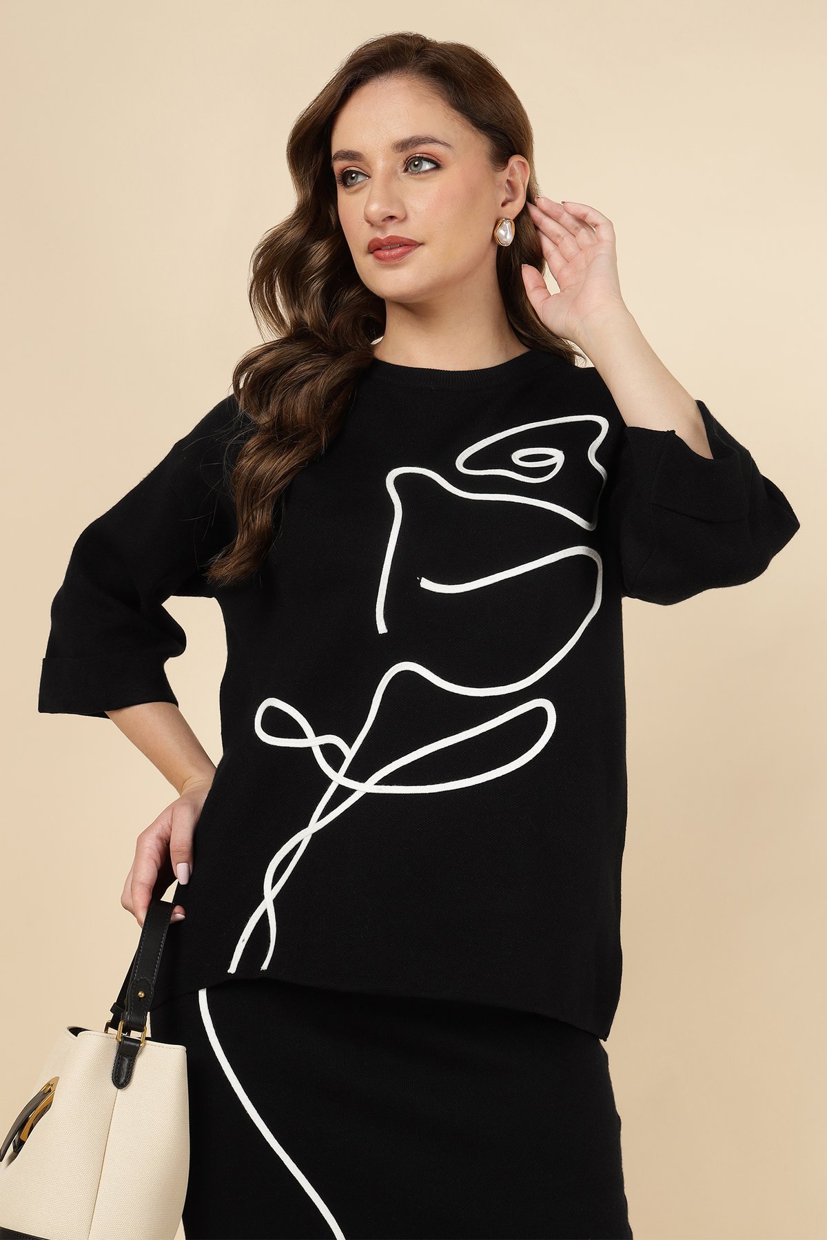 Black Graphic Knit Top and Midi Skirt Co-ord Set
