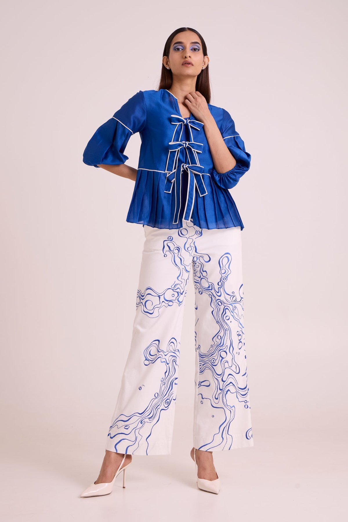 Electric Blue Tie-Up Top & Printed Wide-Leg Co-ord Set