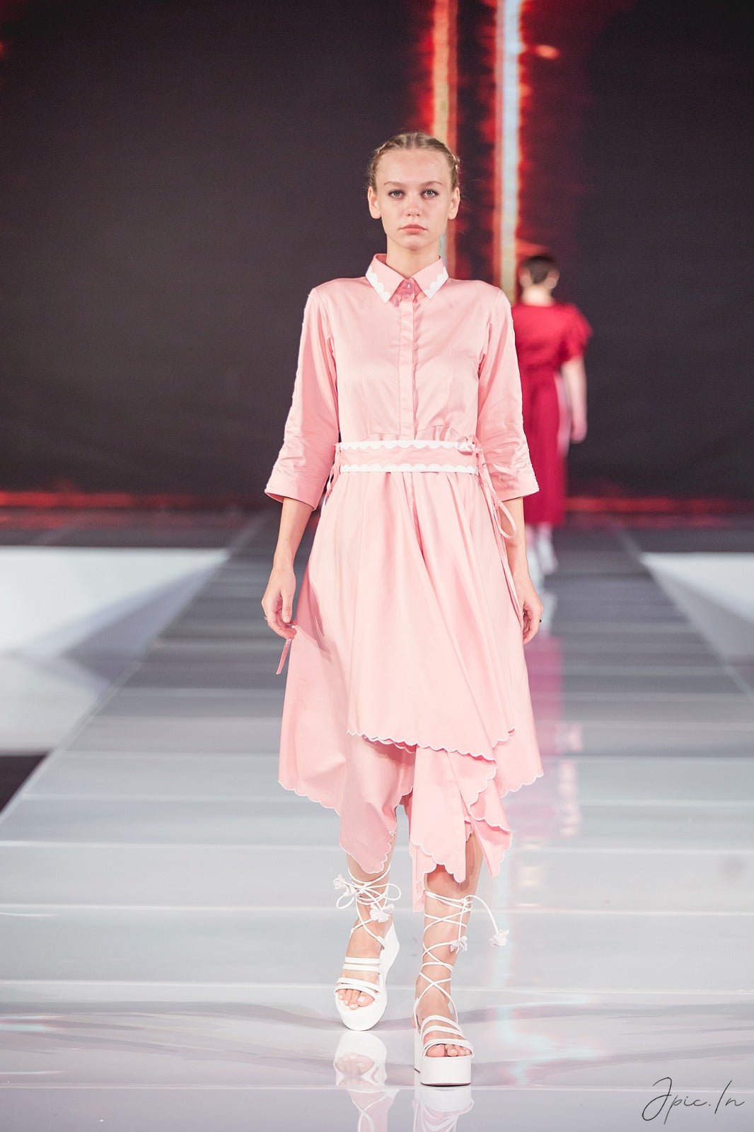 Rose Pink Asymmetric Midi Shirt Dress with Belt