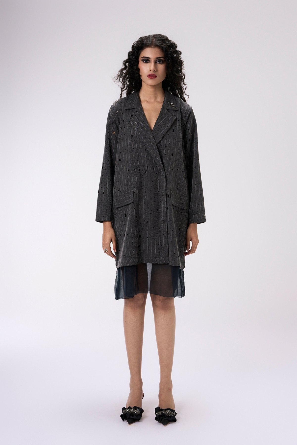 Charcoal Pinstripe Cut-Out Blazer Midi Dress
