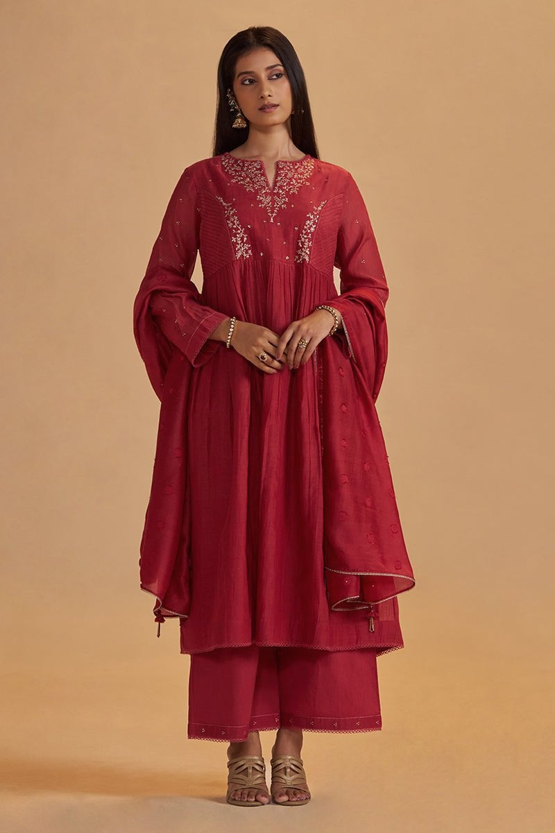 Rich Red Chanderi Silk Embroidered Flared Kurta Set