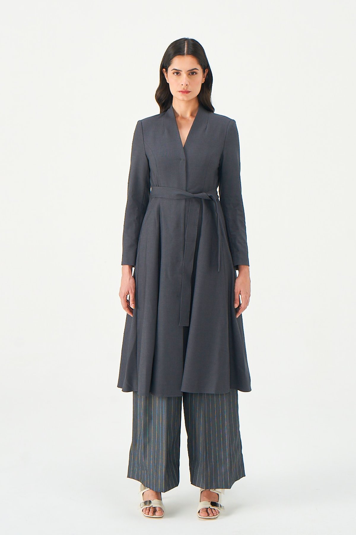 Charcoal Grey Longline Belted Pleated Jacket