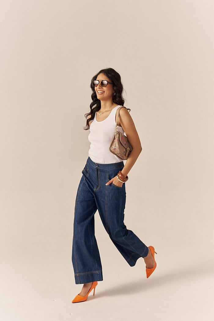 Blue Mid-Rise Flared Denim Trousers with Contrast Stitching
