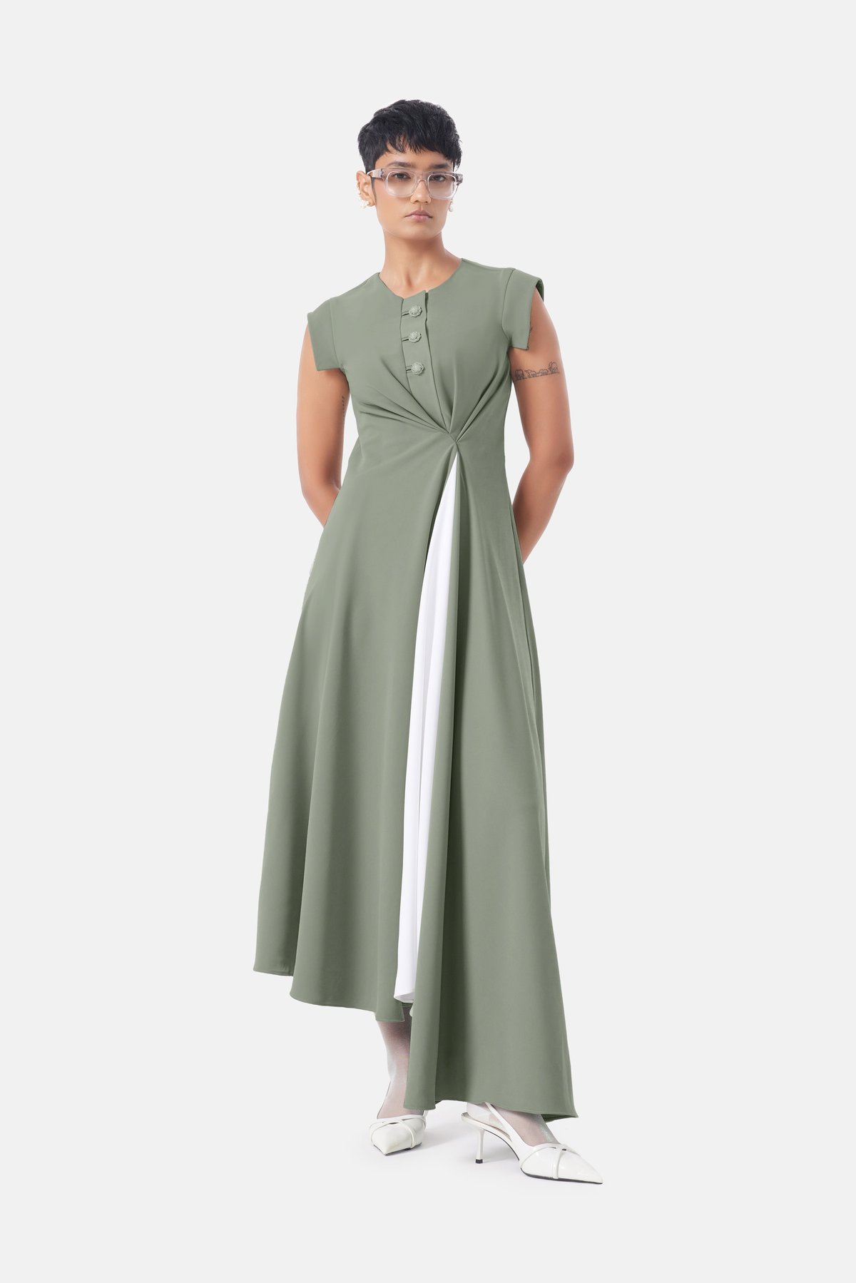 Basil Green Maxi Dress with White Center Insert and Button Placket