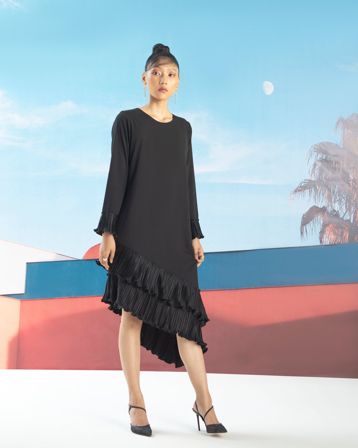 Black Asymmetrical Hem Midi Dress with Pleated Frills