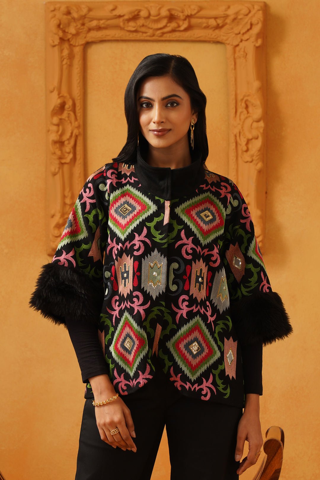Black Tweed Embroidered High-Neck Zip-Front Jacket