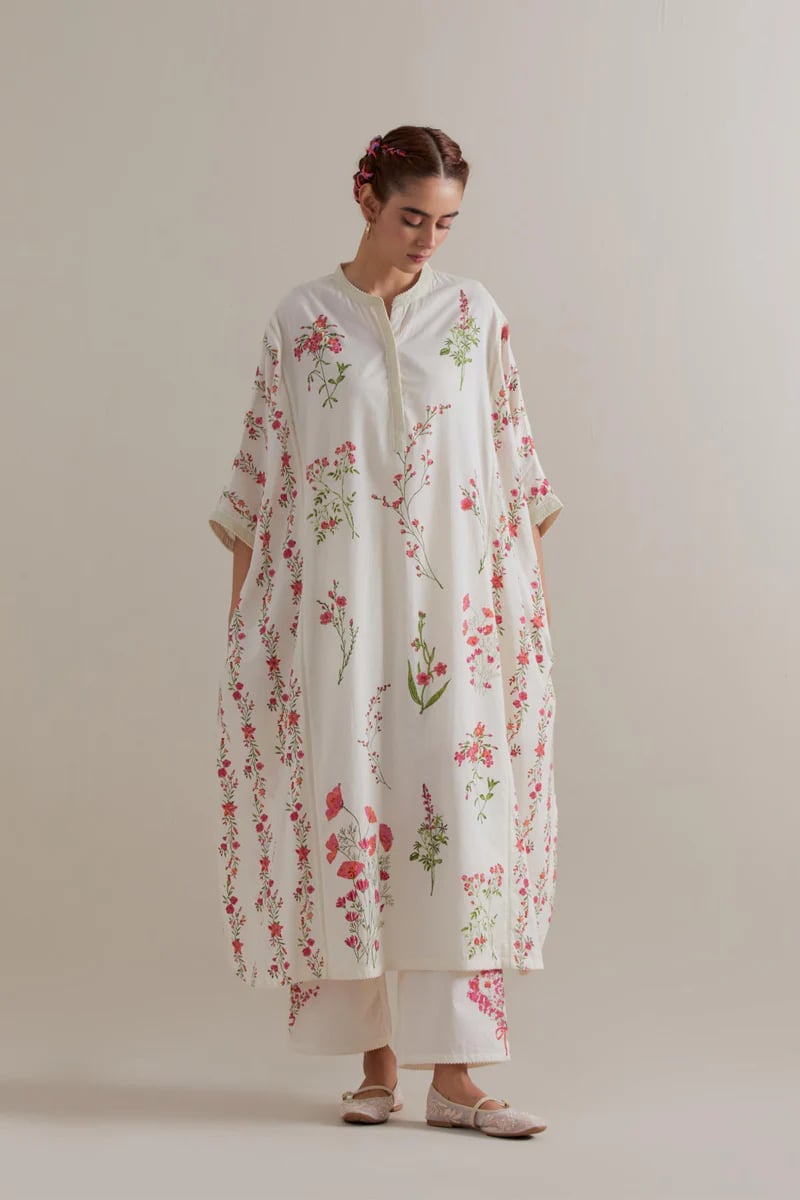 Off-White Pink-Green Floral Cotton Kaftan