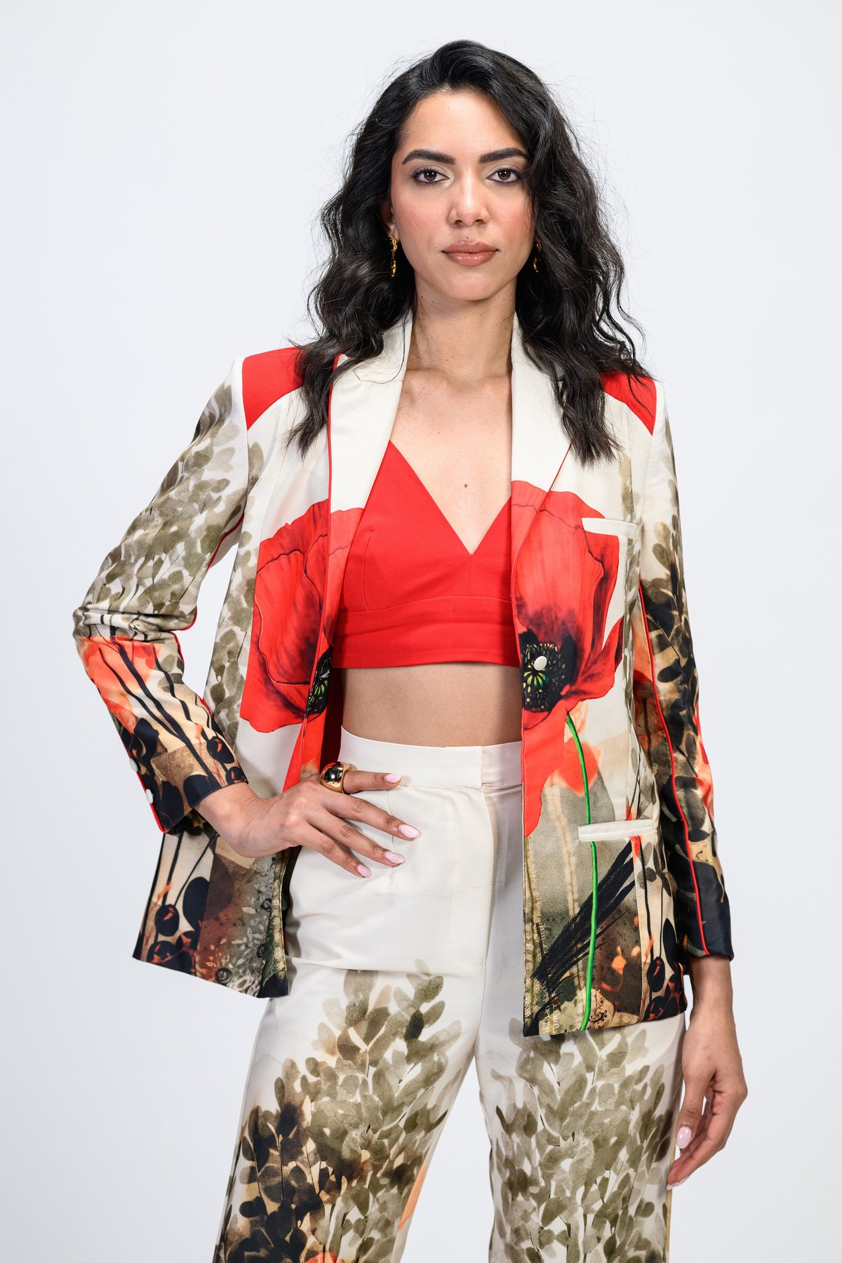 Off-White Floral Printed Blazer and Flared Pants Co-ord Set