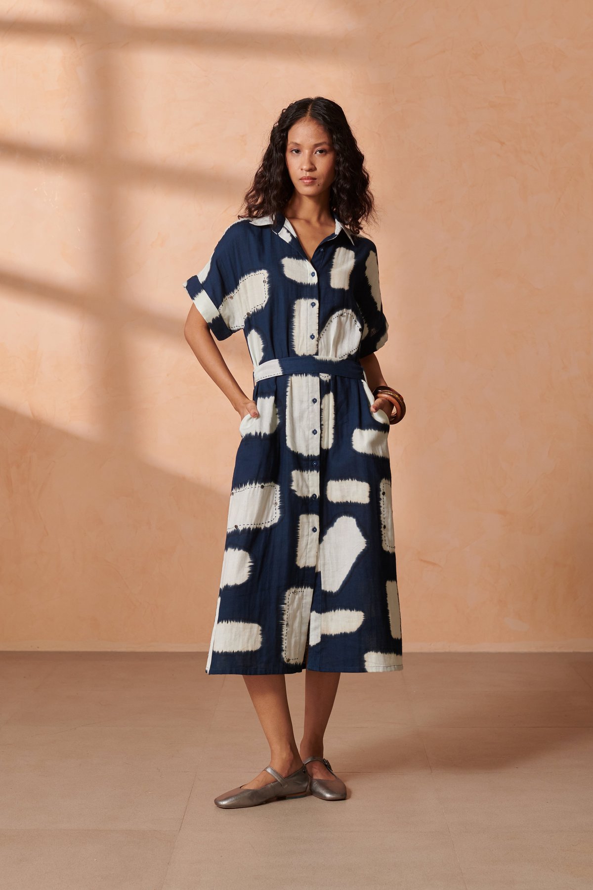 Blue Abstract Print Midi Shirt Dress with Tie Belt