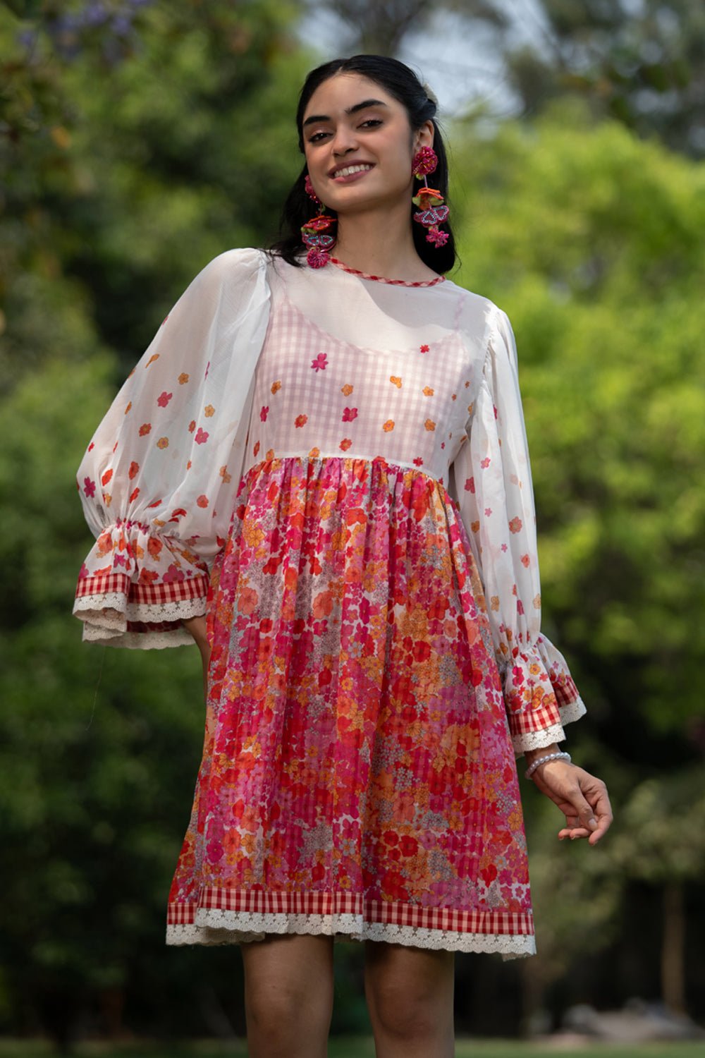 Multicolour Floral Smock Mini Dress with Balloon Sleeves
