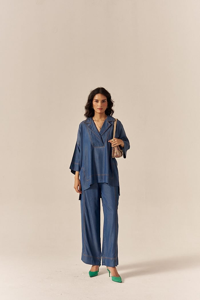 Blue Lapel Shirt and Flared Pants Co-ord Set