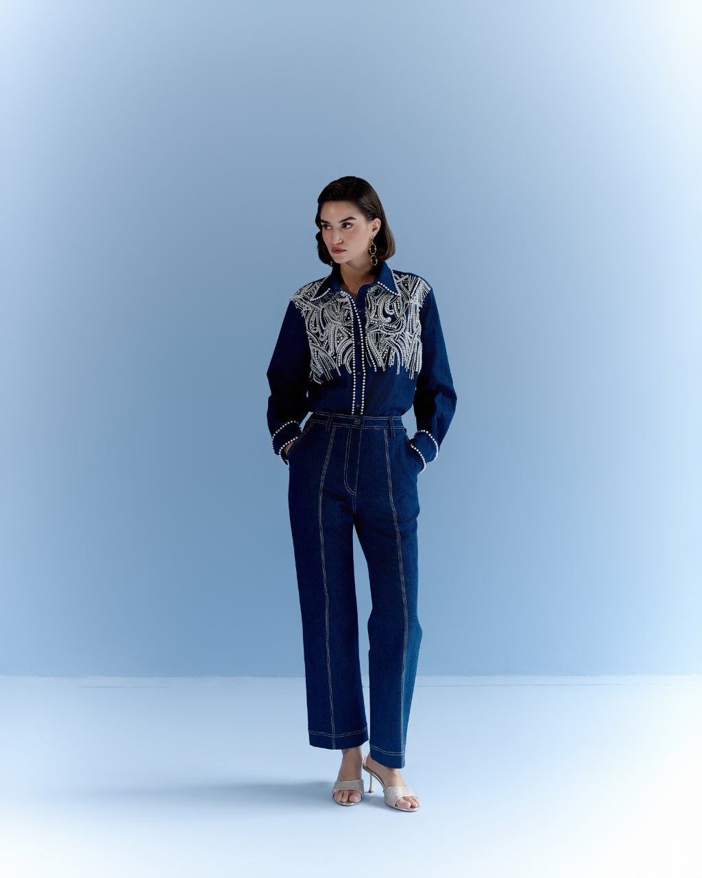 Blue Denim Pearl Embellished Button-Down Shirt