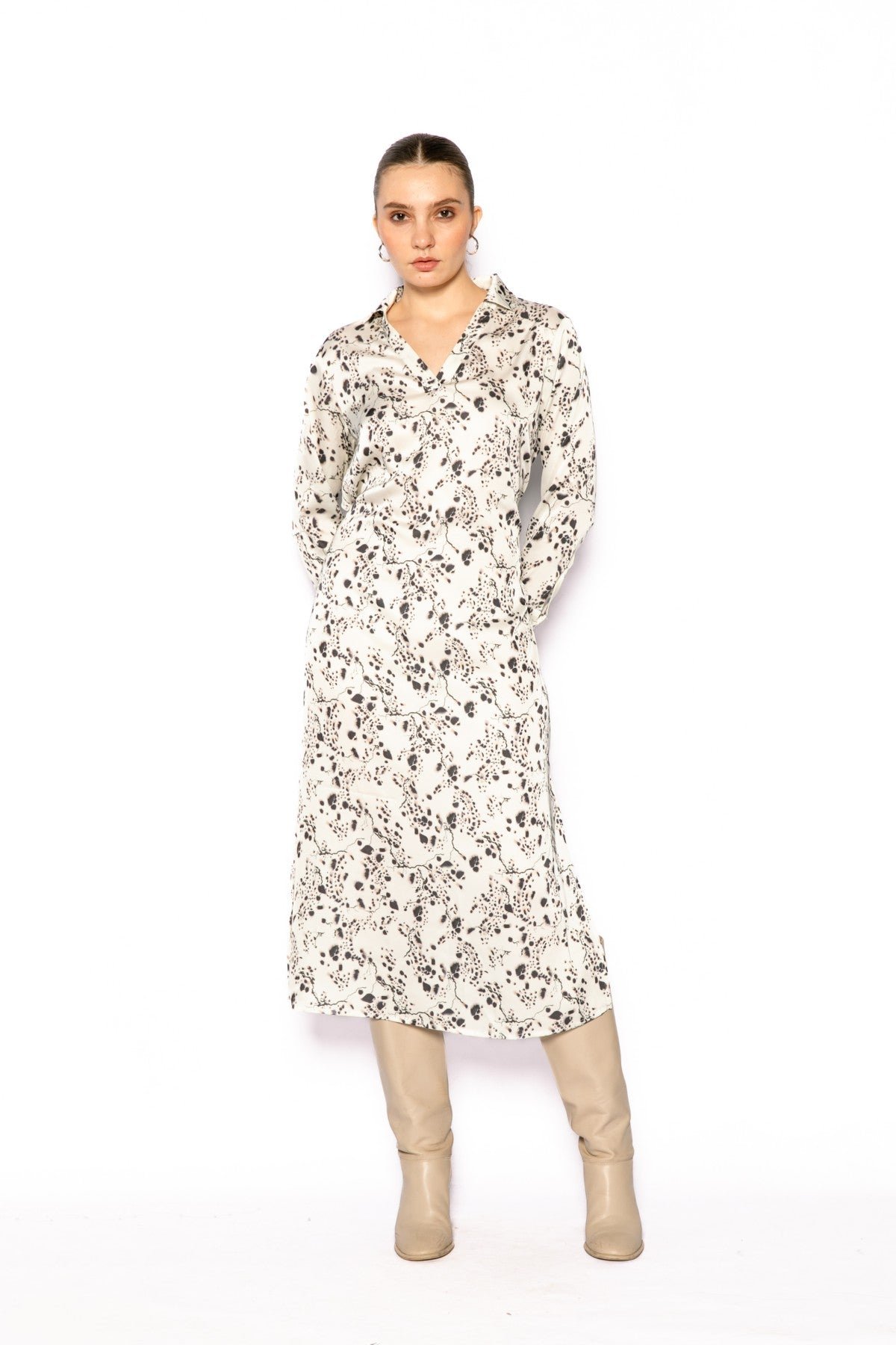 White Abstract Print Maxi Shirt Dress with Drawstring Waist