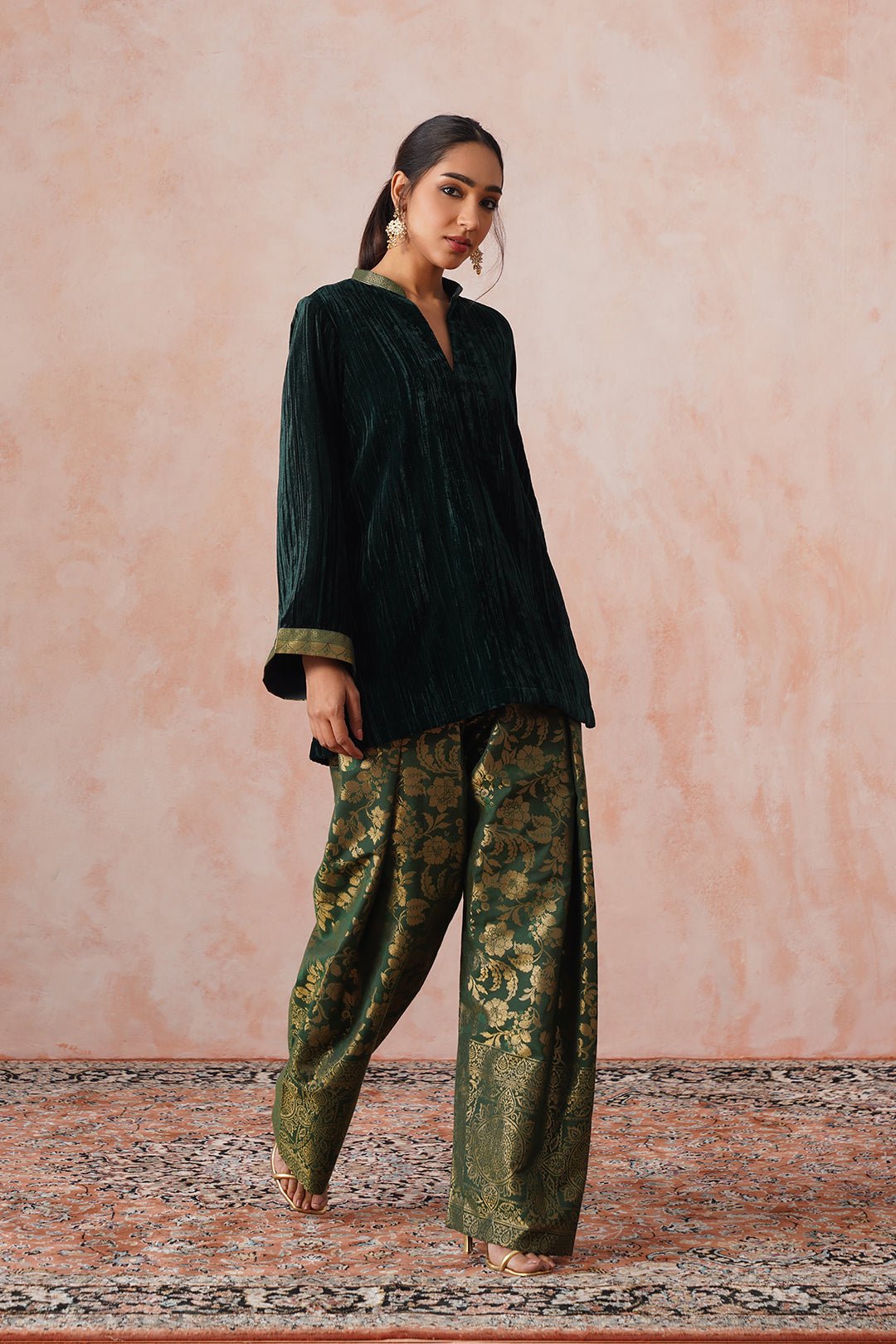 Bottle Green Velvet Kurta Set with Brocade Farshi Pants