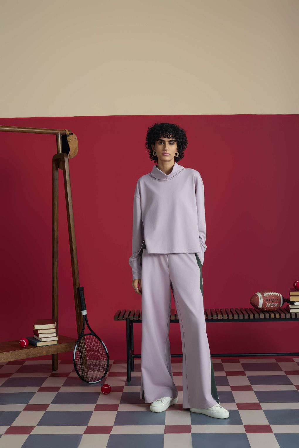 Purple Terry Co-ord Set with Cowl Neck and Wide-Leg Pants