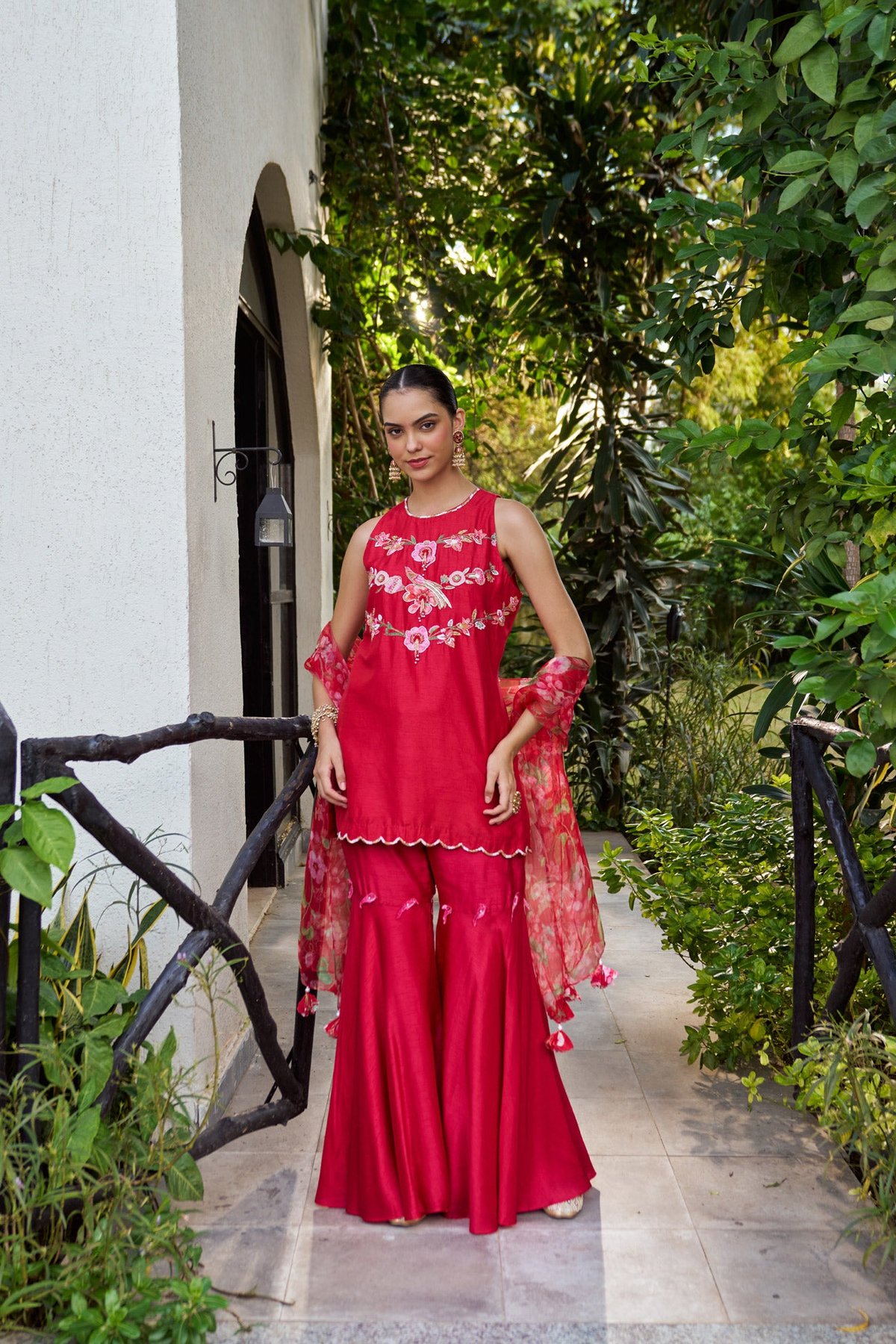 Scarlet Red Applique Embroidered Kurta Sharara Set