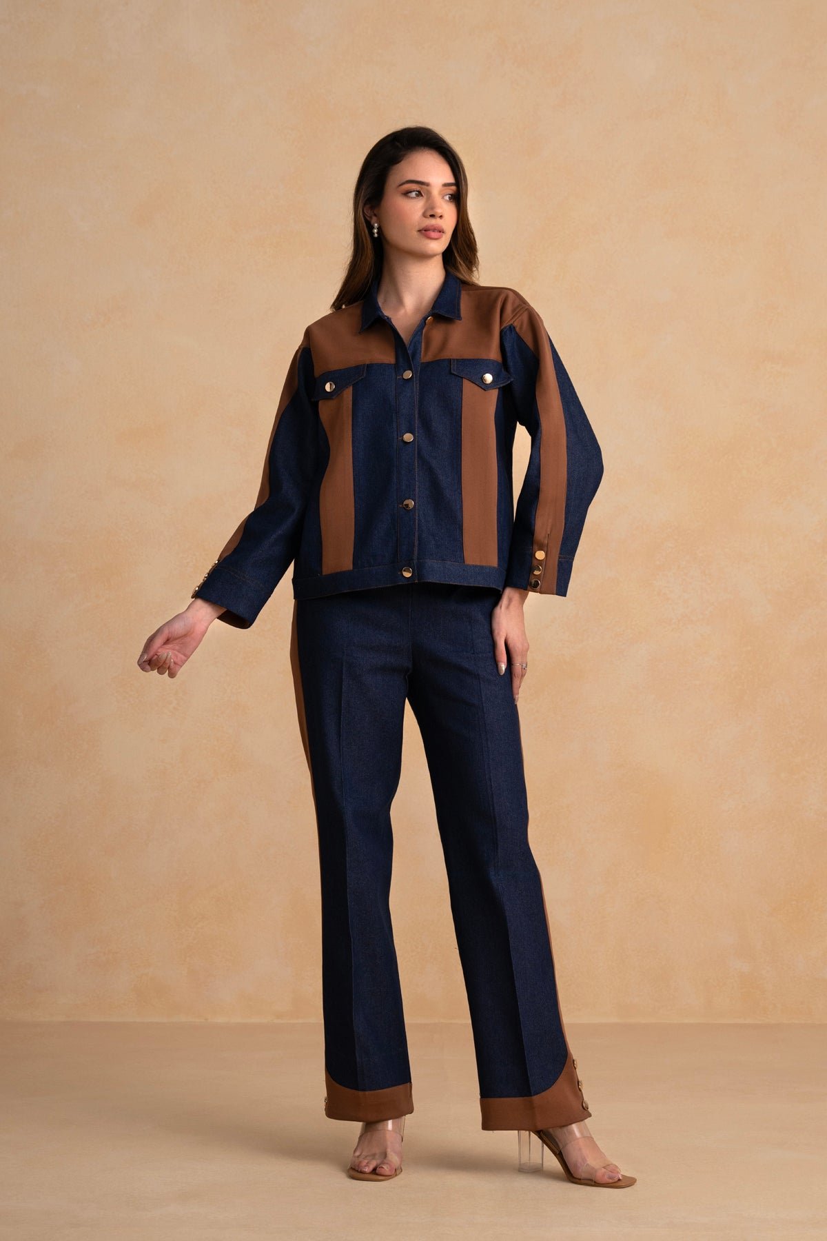 Indigo Denim and Tan Suede Colorblock Co-ord Set