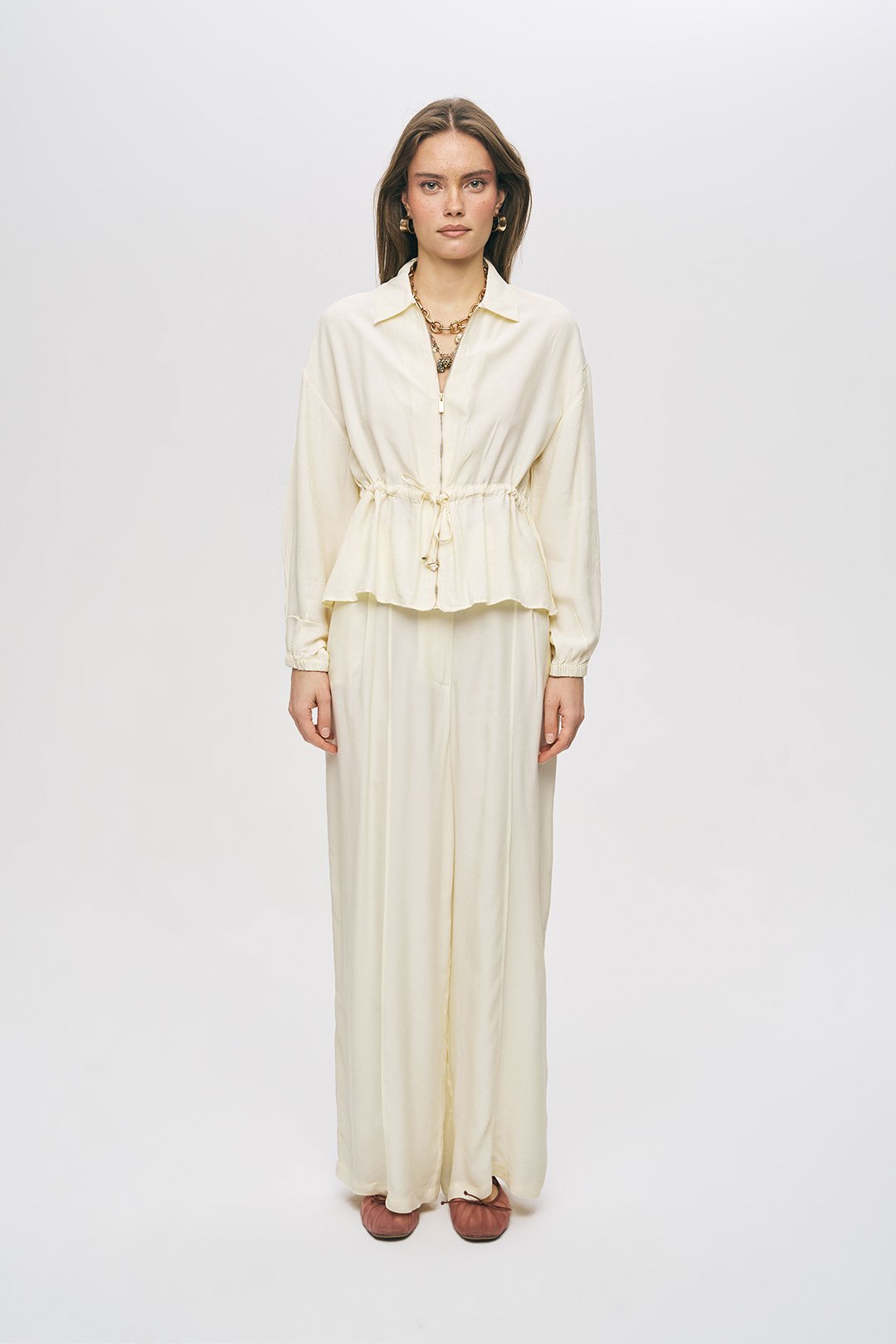 Cream Collared Zip-Front Drawstring Waist Top