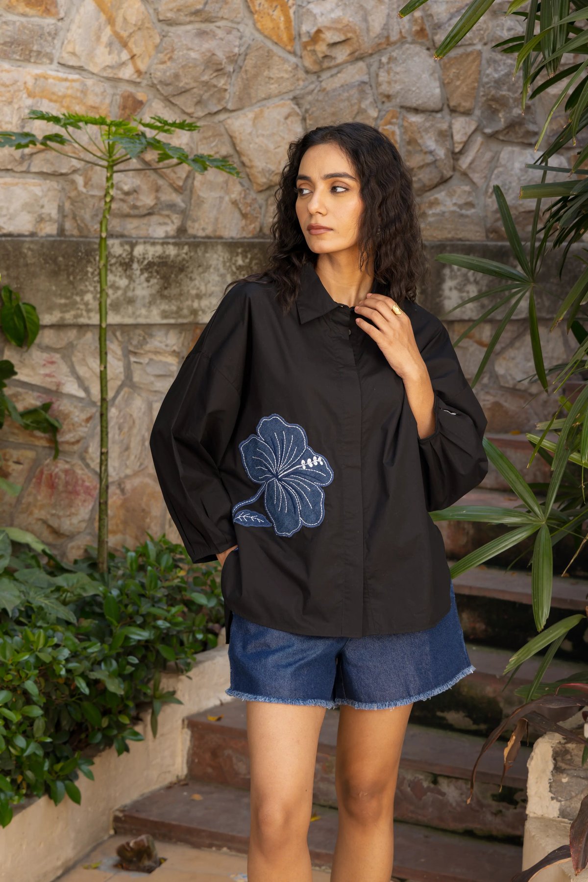 Black Poplin Relaxed-Fit Shirt with Denim Applique