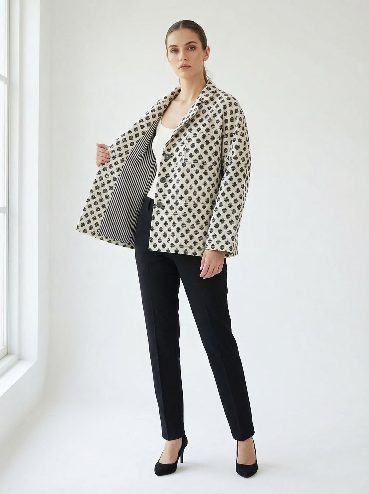 Black and Off-White Motif Print Tailored Jacket