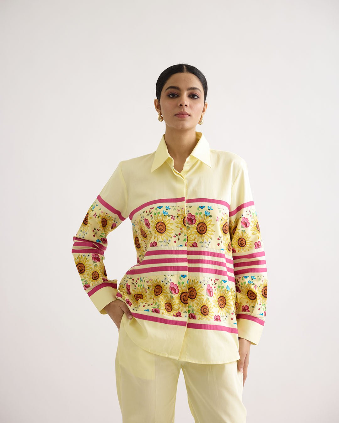 Yellow Printed Shirt and Pants Co-ord Set in Cotton Satin