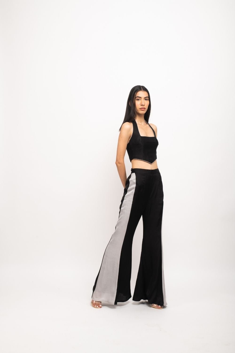 Black-Grey Halter Bustier and Flared Pants Co-ord Set