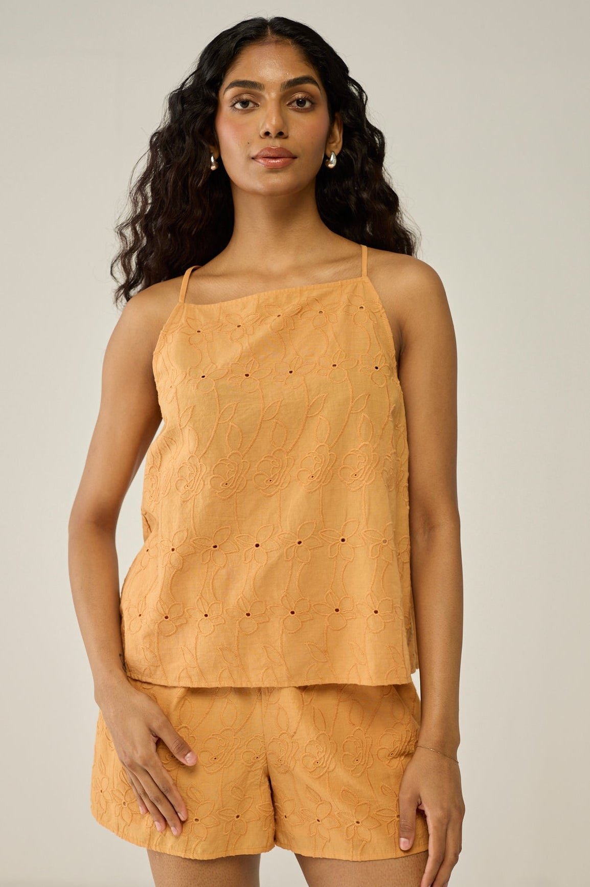 Orange Schiffli Top And Shorts Co-ord Set